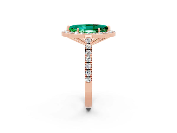 Rose gold Marquise Cut Emerald Halo Ring with Round Pavé Split Shank and Prong Setting