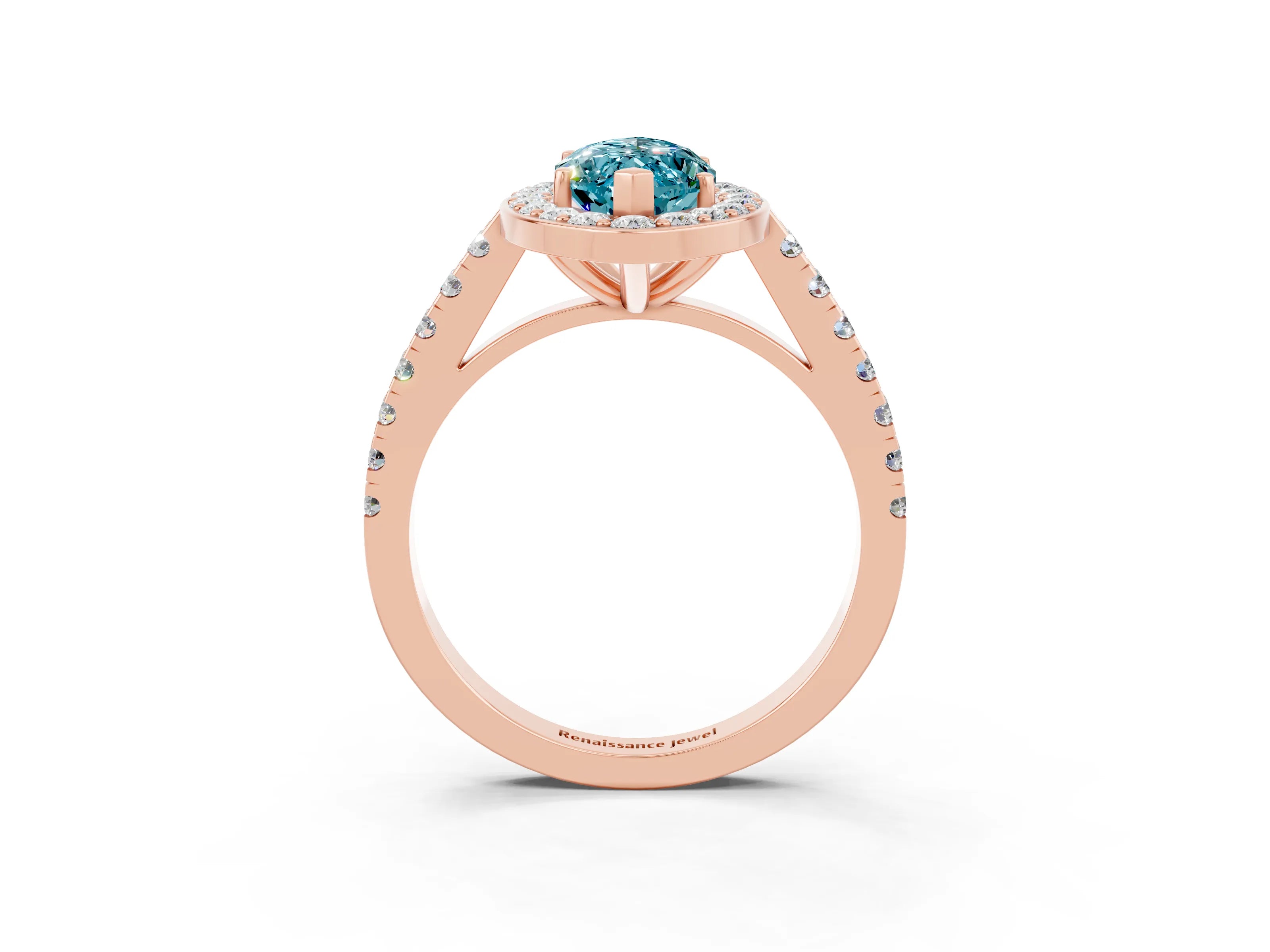 Rose gold Marquise Cut Halo Diamond Ring with Pavé Band and Three-Prong Setting_3
