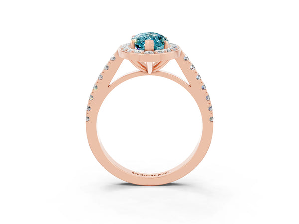 Rose gold Marquise Cut Halo Diamond Ring with Pavé Band and Three-Prong Setting