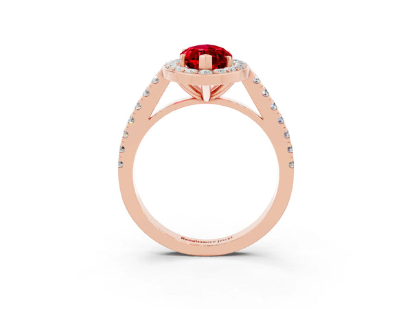 Rose gold Marquise Cut Ruby Halo Ring with Round Pavé Split Shank and Prong Setting