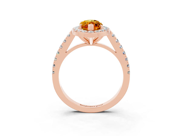 Rose gold Marquise Cut Citrine Halo Ring with Round Pavé Split Shank and Prong Setting
