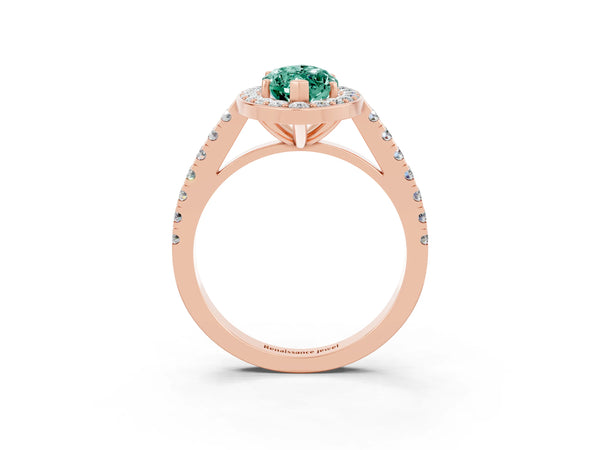 Rose gold Marquise Cut Green Sapphire Halo Ring with Round Pavé Split Shank and Prong Setting