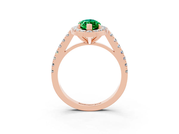 Rose gold Marquise Cut Emerald Halo Ring with Round Pavé Split Shank and Prong Setting
