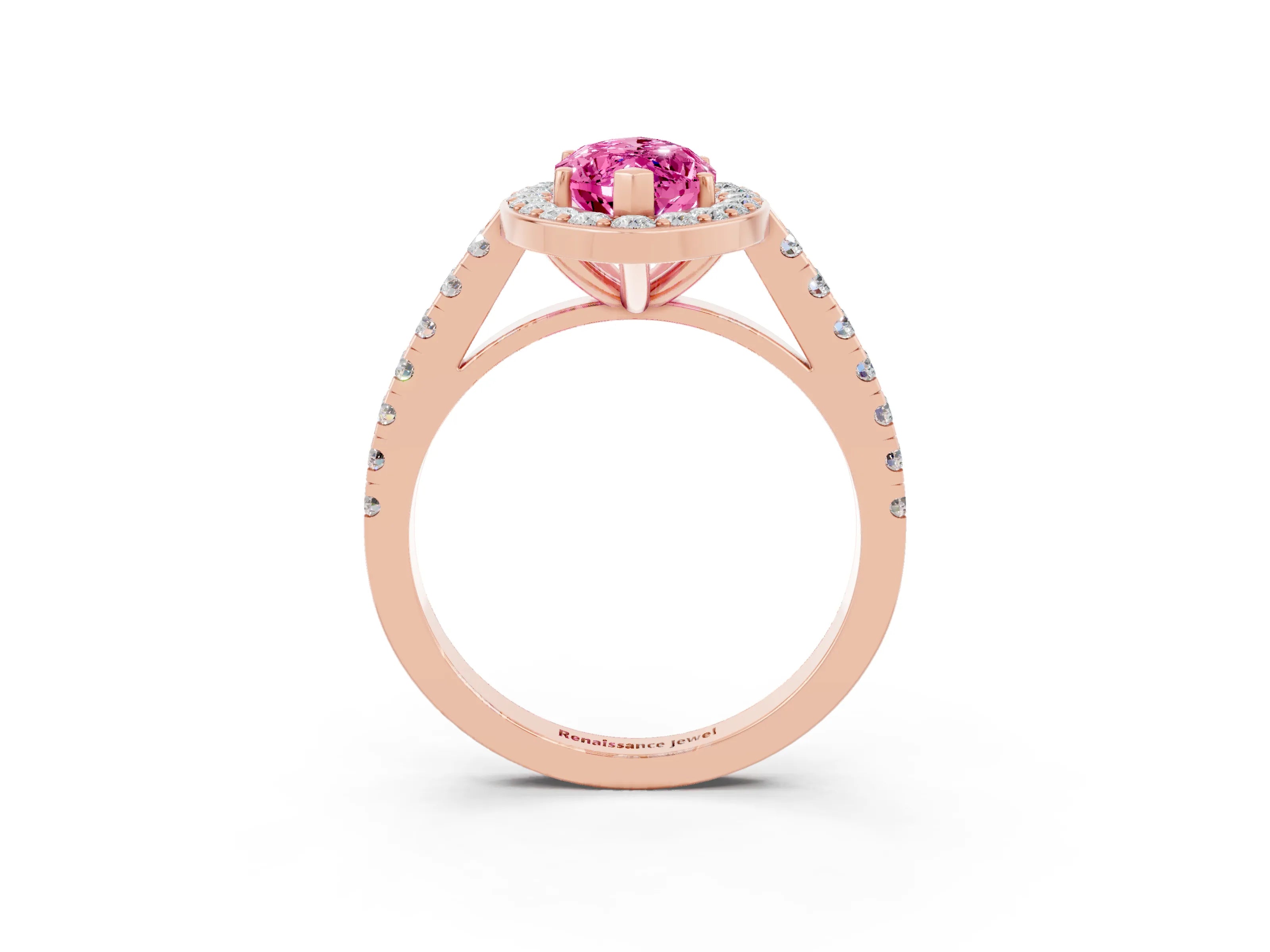 Rose gold Marquise Cut Halo Diamond Ring with Pavé Band and Three-Prong Setting_3