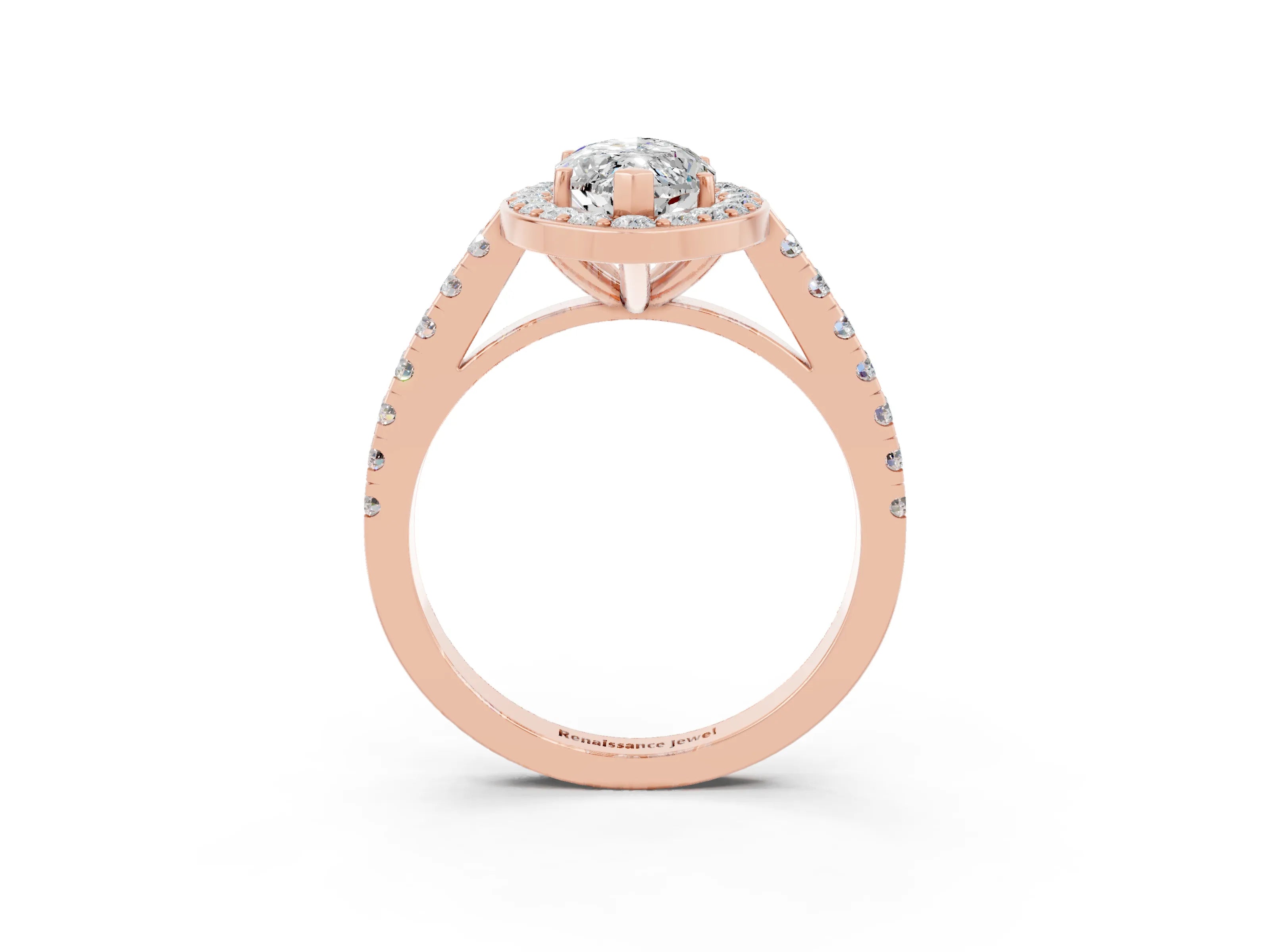 Rose gold Marquise Cut Halo Diamond Ring with Pavé Band and Three-Prong Setting_3