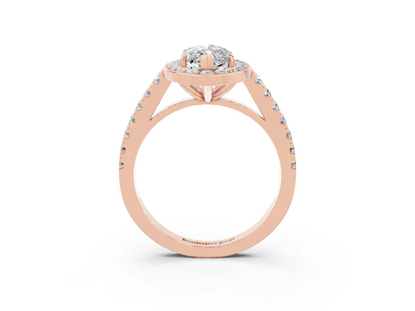 Rose gold Marquise Cut Moissanite Halo Ring with Round Pavé Split Shank and Prong Setting