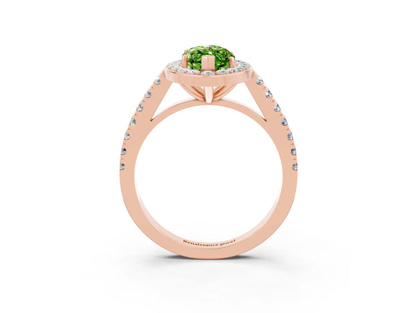 Rose gold Marquise Cut Halo Diamond Ring with Pavé Band and Three-Prong Setting