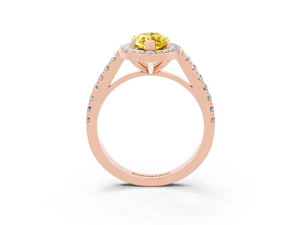 Rose gold Marquise Cut Yellow Sapphire Halo Ring with Round Pavé Split Shank and Prong Setting