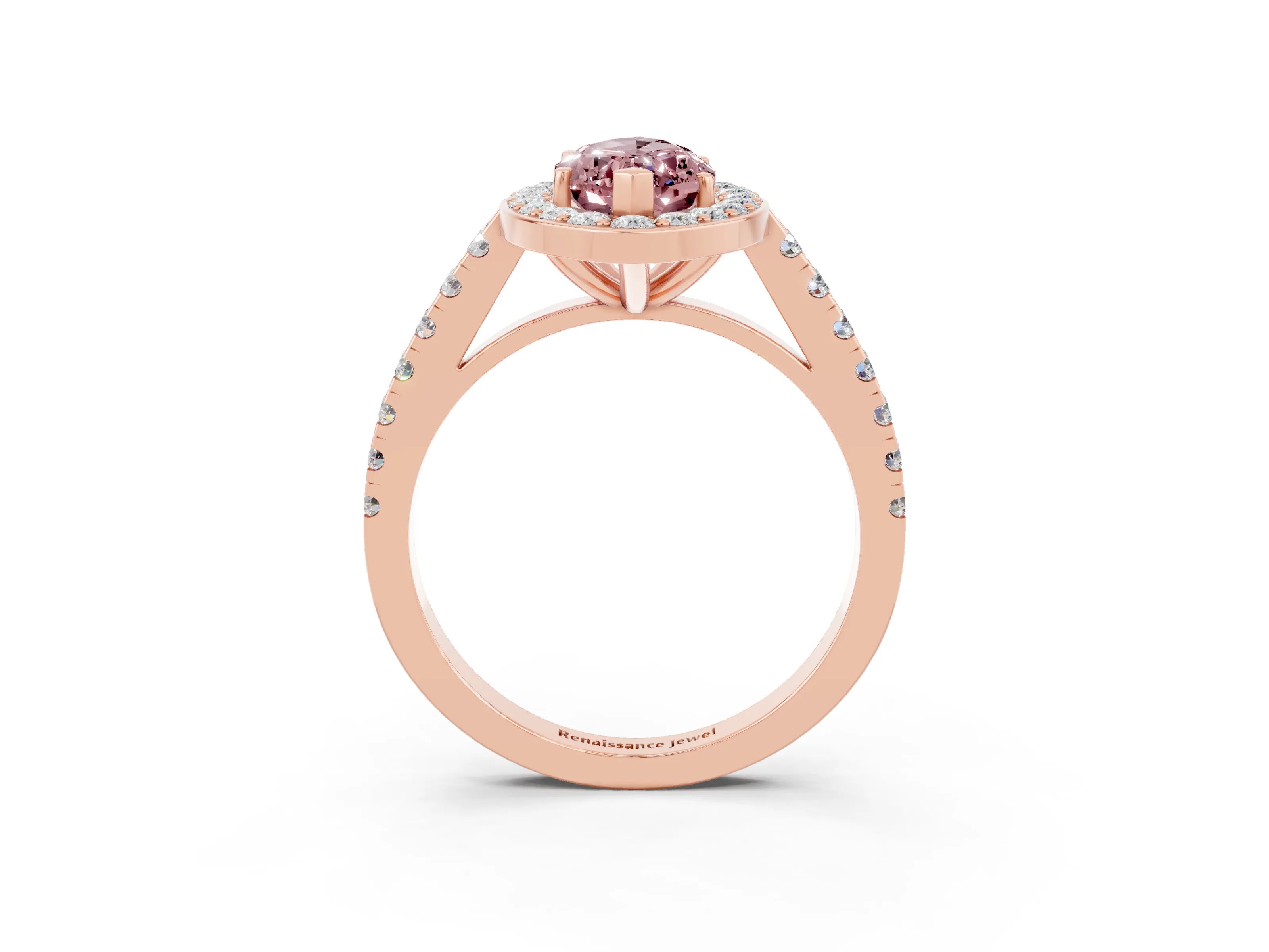 Rose gold Marquise Cut Halo Diamond Ring with Pavé Band and Three-Prong Setting_3