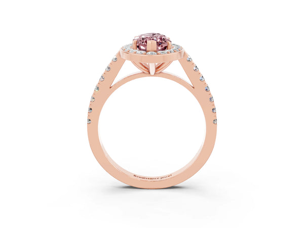 Rose gold Marquise Cut Halo Diamond Ring with Pavé Band and Three-Prong Setting