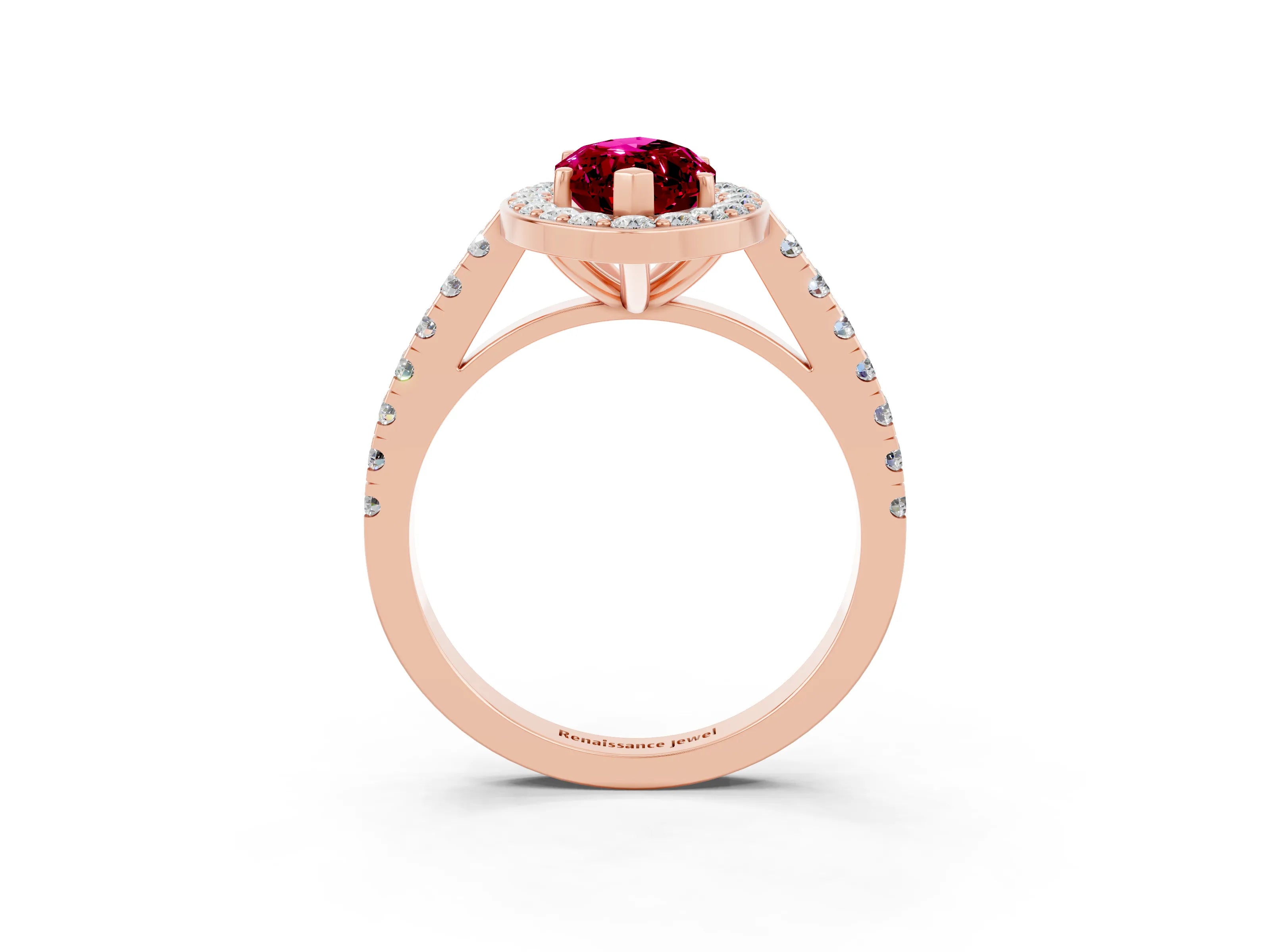Rose gold Marquise Cut Halo Diamond Ring with Pavé Band and Three-Prong Setting_3