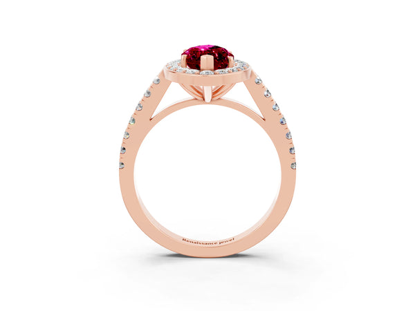 Rose gold Marquise Cut Garnet Halo Ring with Round Pavé Split Shank and Prong Setting