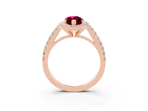 Rose gold Marquise Cut Halo Diamond Ring with Pavé Band and Three-Prong Setting_3