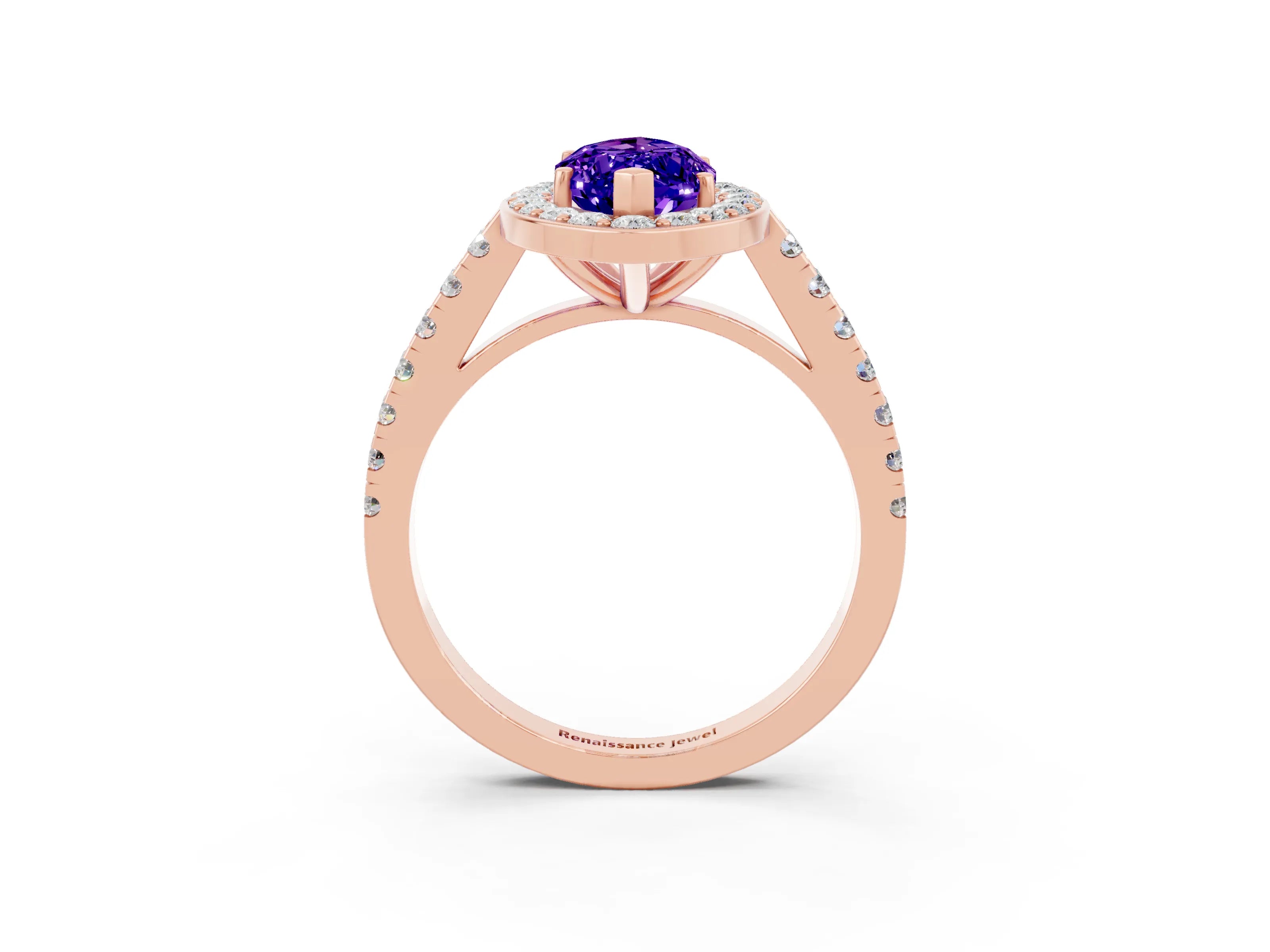 Rose gold Marquise Cut Halo Diamond Ring with Pavé Band and Three-Prong Setting_3
