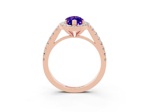 Rose gold Marquise Cut Halo Diamond Ring with Pavé Band and Three-Prong Setting_3