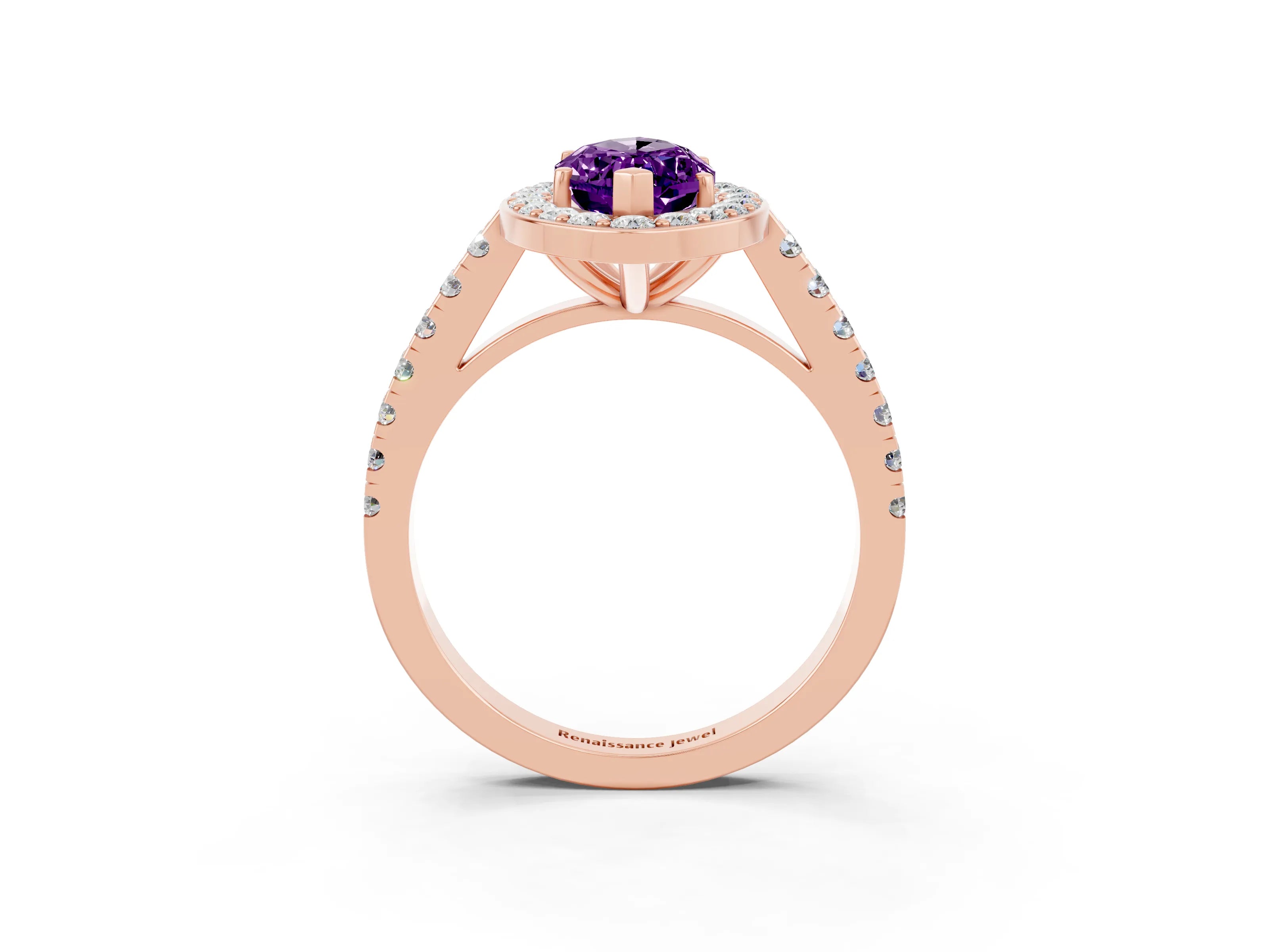 Rose gold Marquise Cut Halo Diamond Ring with Pavé Band and Three-Prong Setting_3