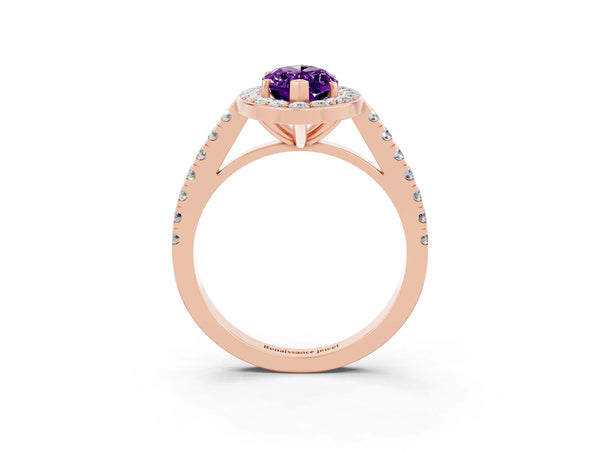 Rose gold Marquise Cut Amethyst Halo Ring with Round Pavé Split Shank and Prong Setting