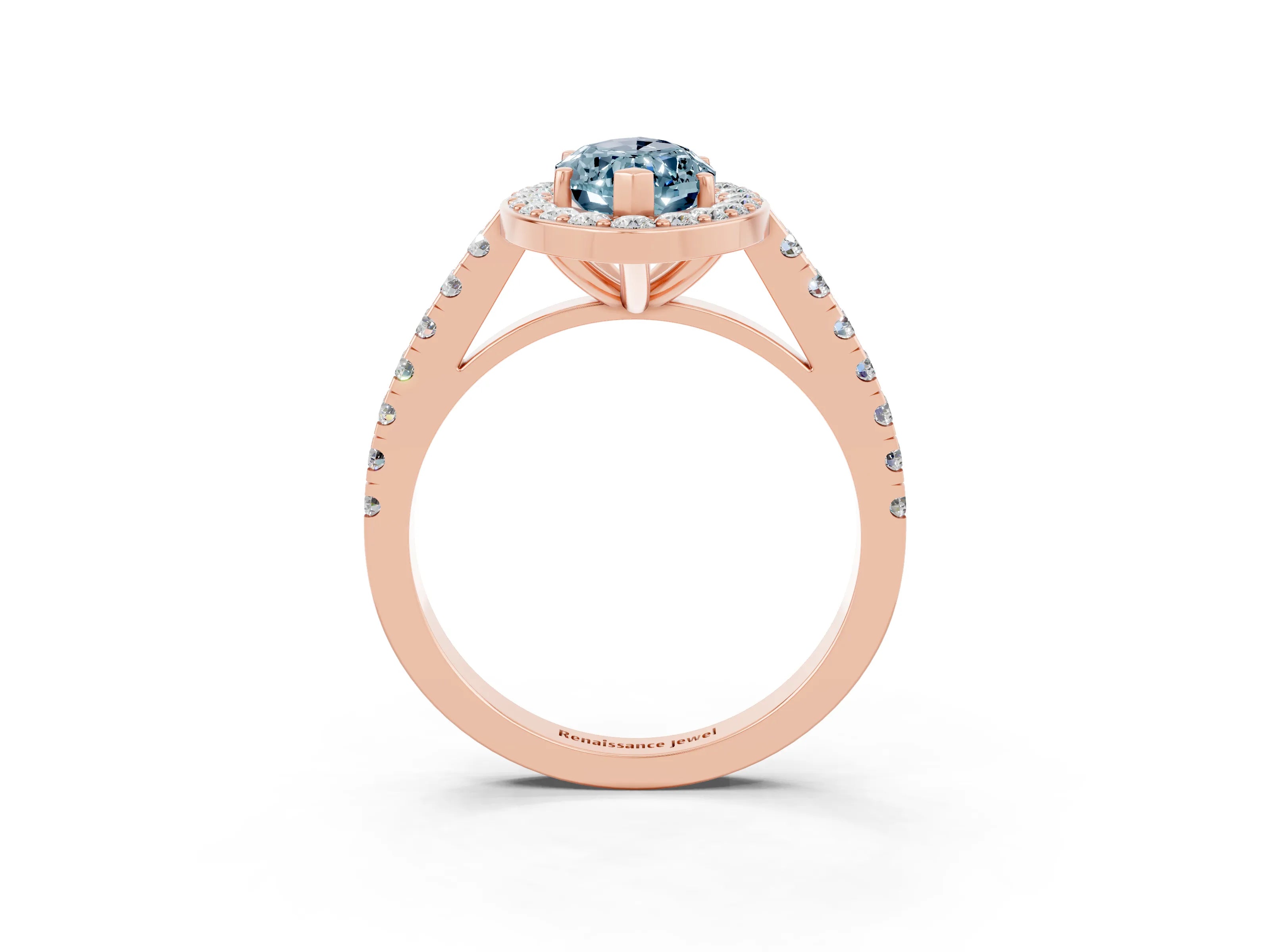 Rose gold Marquise Cut Halo Diamond Ring with Pavé Band and Three-Prong Setting_3