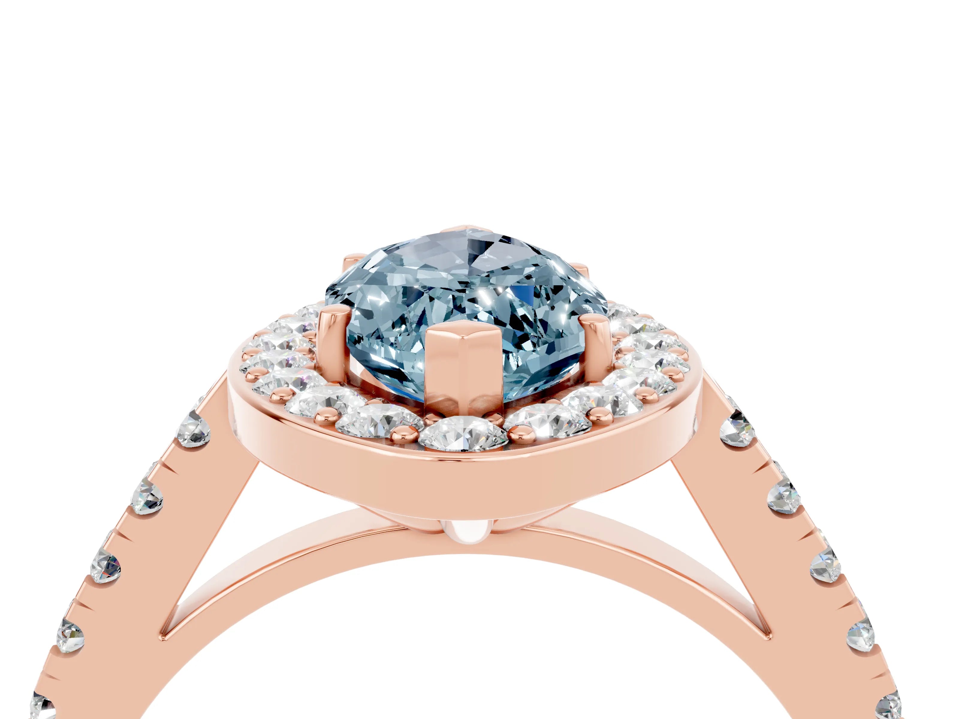 Rose gold Marquise Cut Halo Diamond Ring with Pavé Band and Three-Prong Setting_4