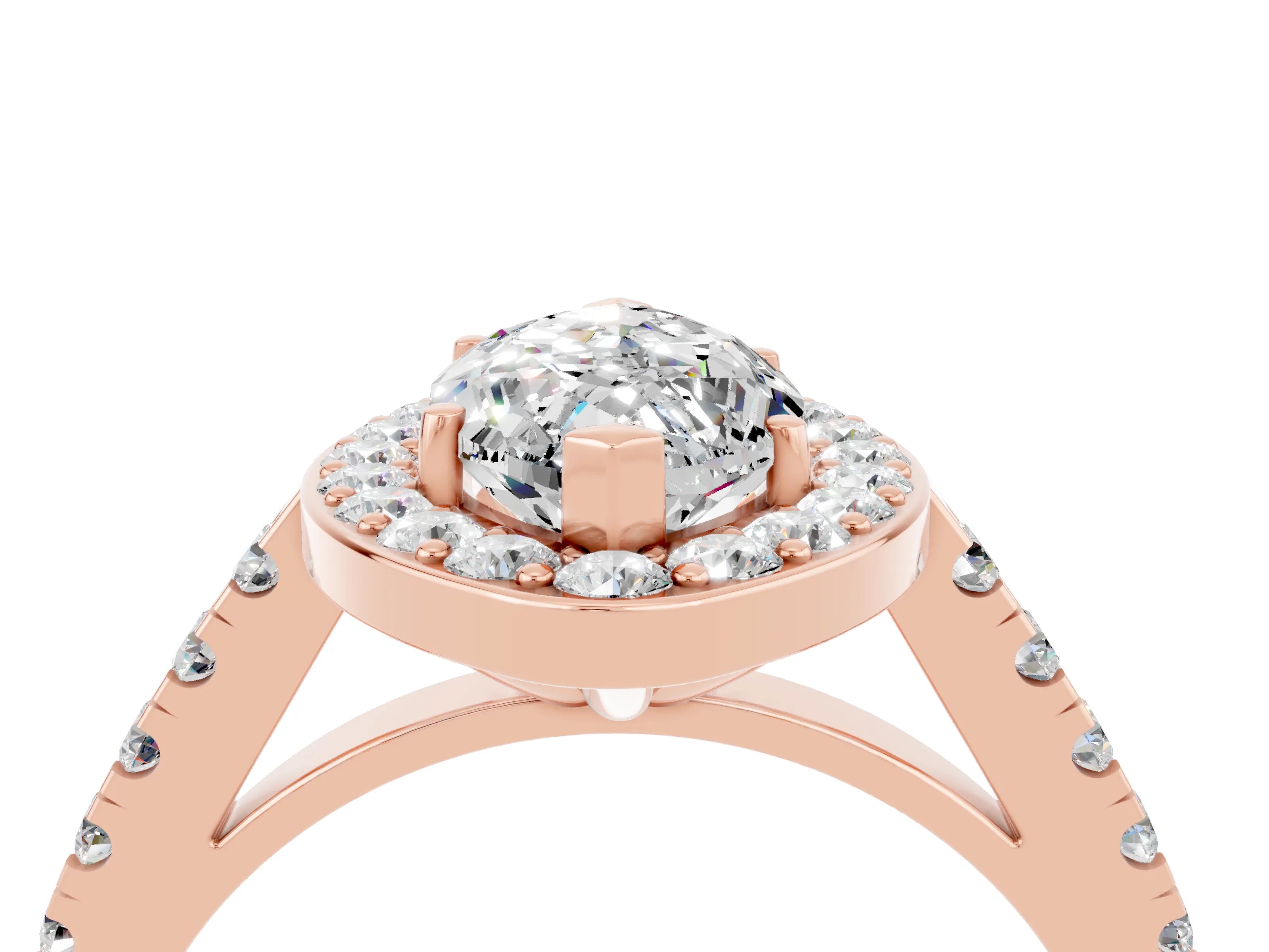 Rose gold Marquise Cut Halo Diamond Ring with Pavé Band and Three-Prong Setting_4