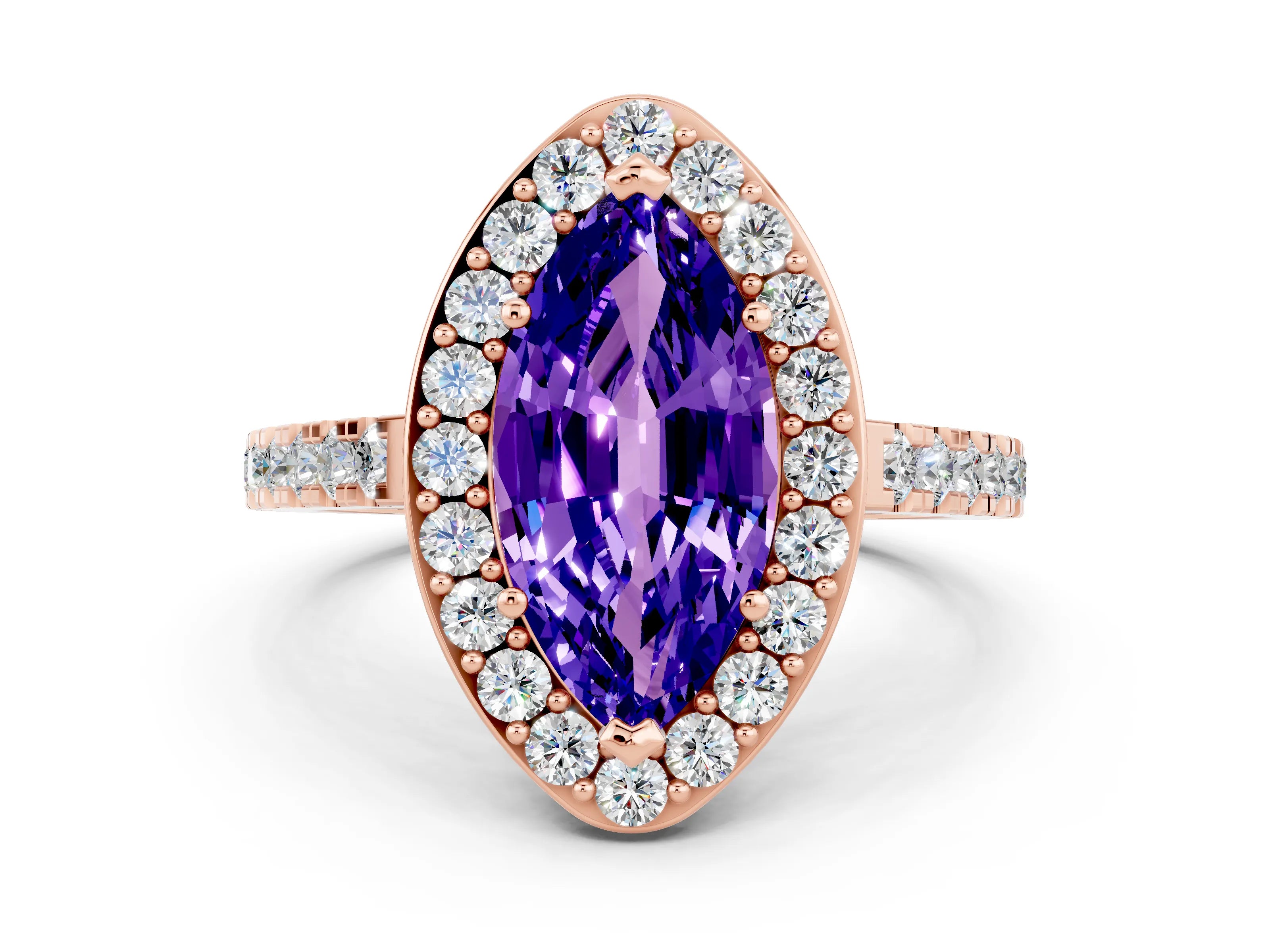 Rose gold Marquise Cut Halo Diamond Ring with Pavé Band and Three-Prong Setting