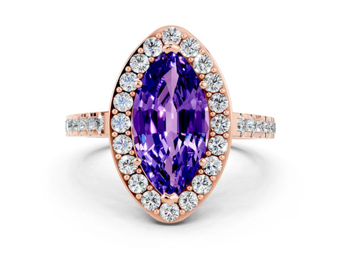 Rose gold Marquise Cut Halo Diamond Ring with Pavé Band and Three-Prong Setting