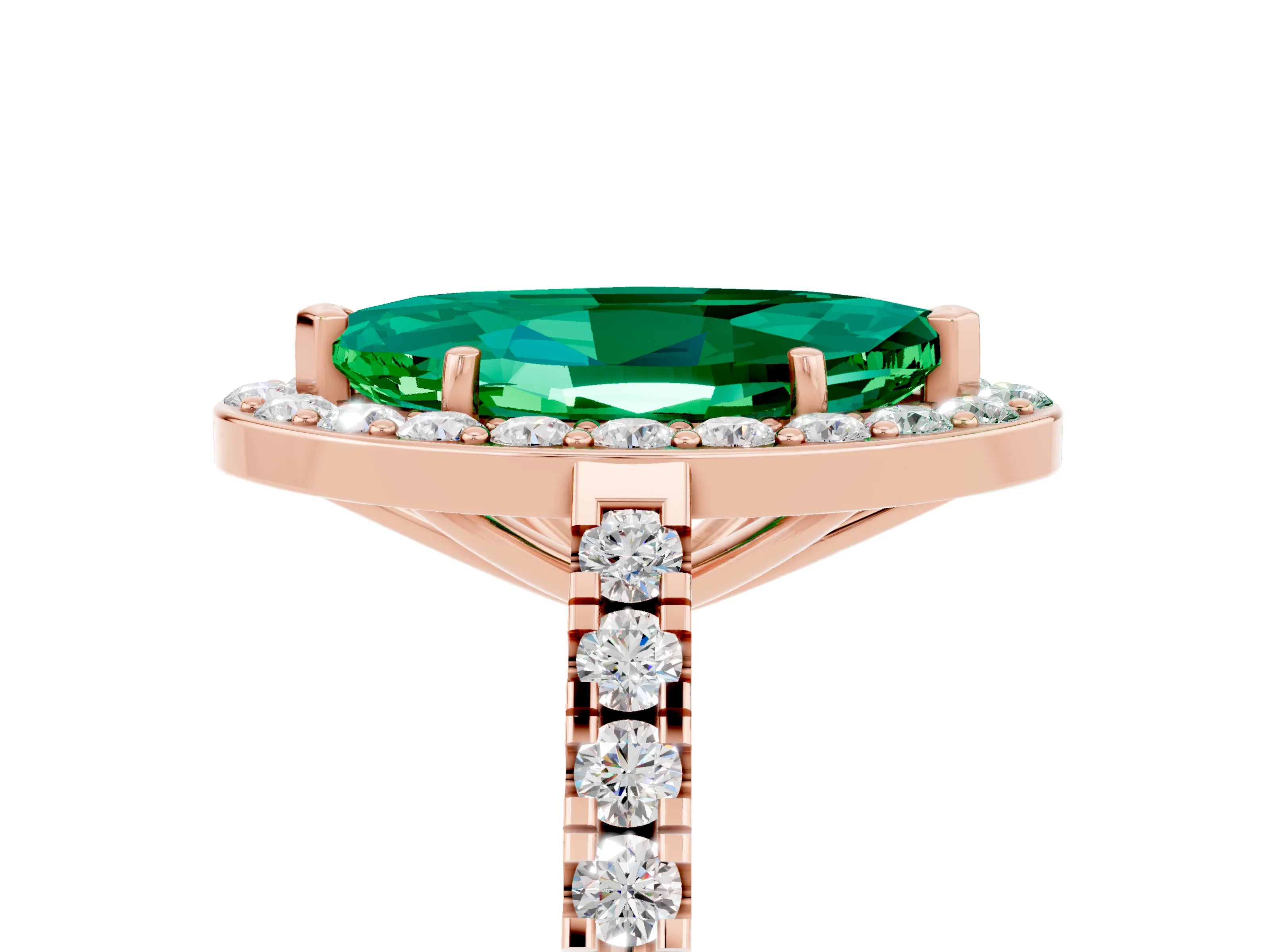 Rose gold Marquise Cut Halo Diamond Ring with Pavé Band and Three-Prong Setting_5