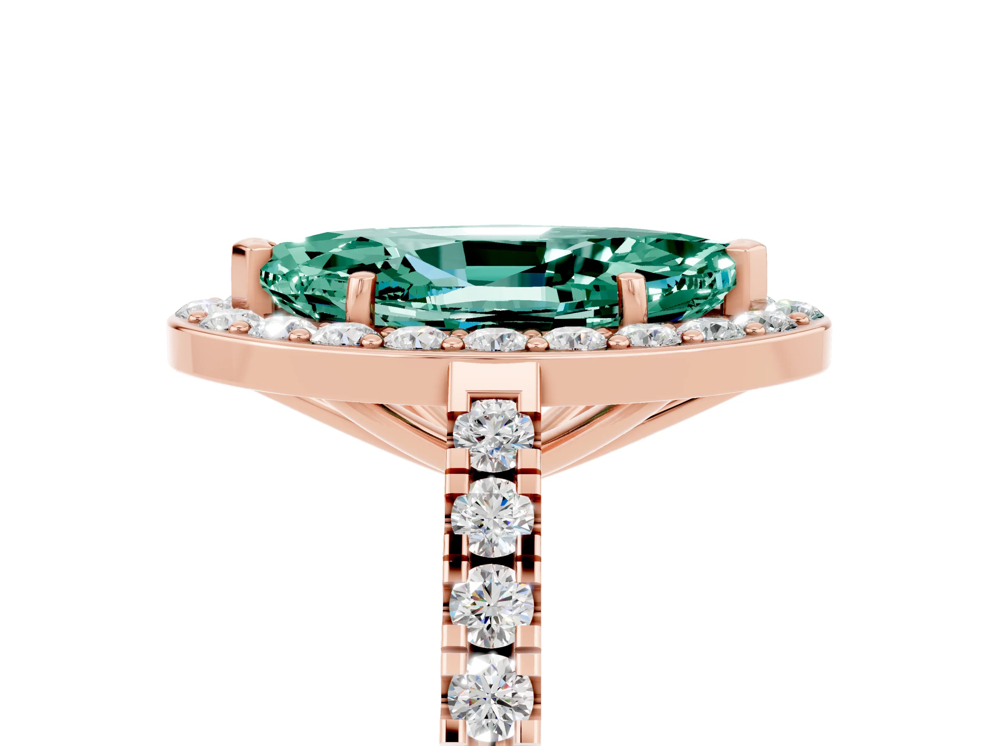 Rose gold Marquise Cut Halo Diamond Ring with Pavé Band and Three-Prong Setting_5