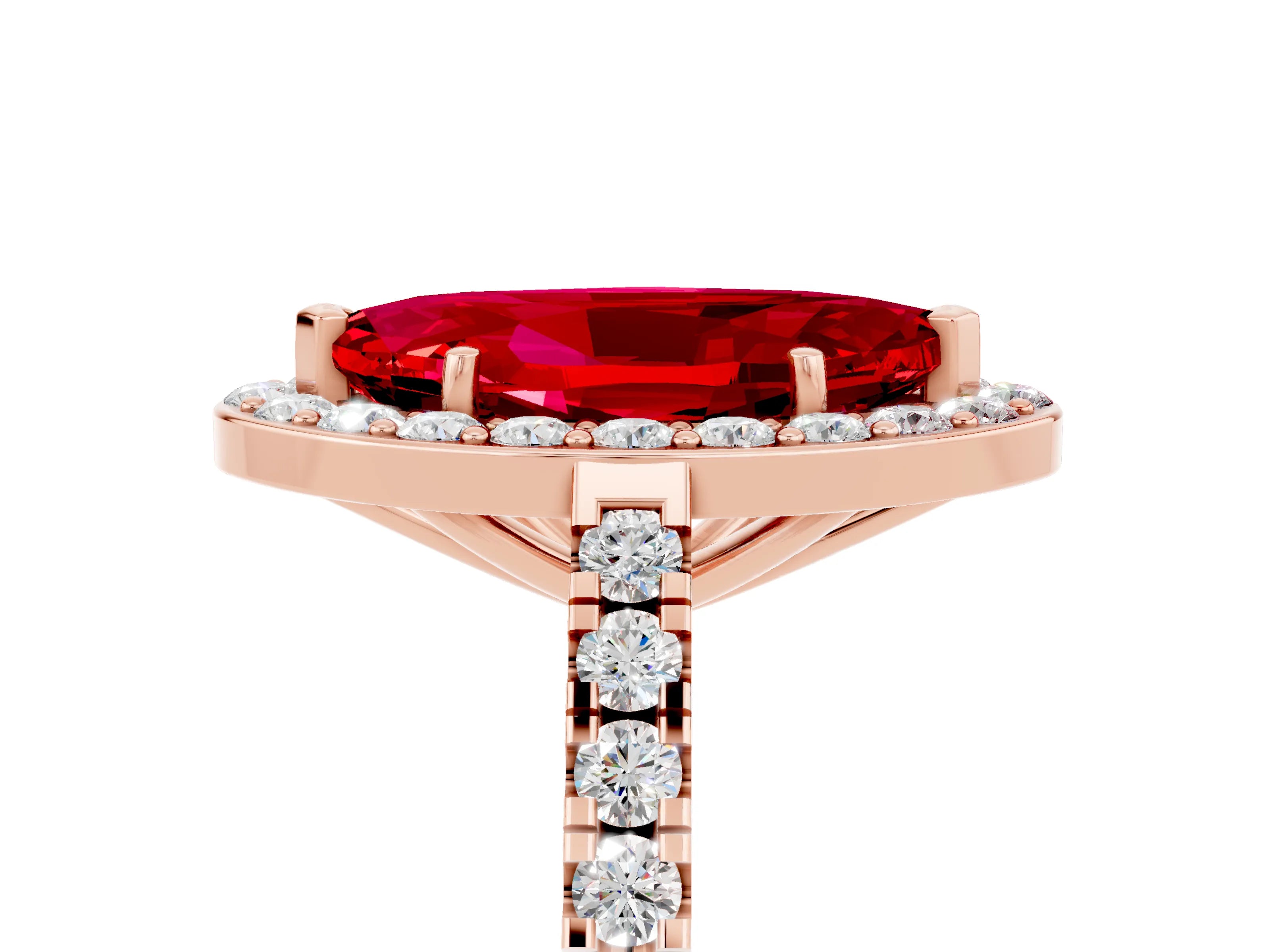 Rose gold Marquise Cut Halo Diamond Ring with Pavé Band and Three-Prong Setting_5