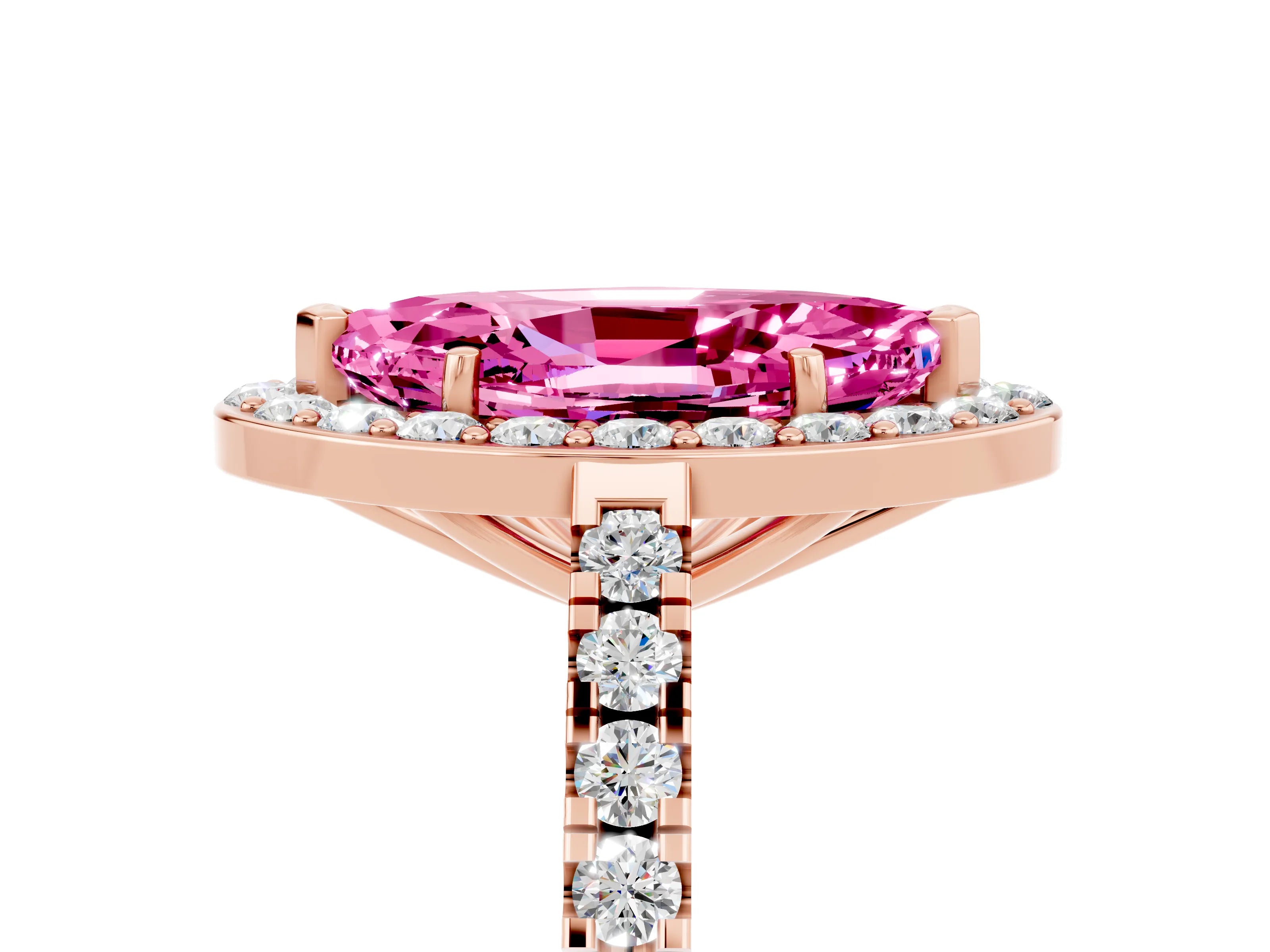 Rose gold Marquise Cut Halo Diamond Ring with Pavé Band and Three-Prong Setting_5