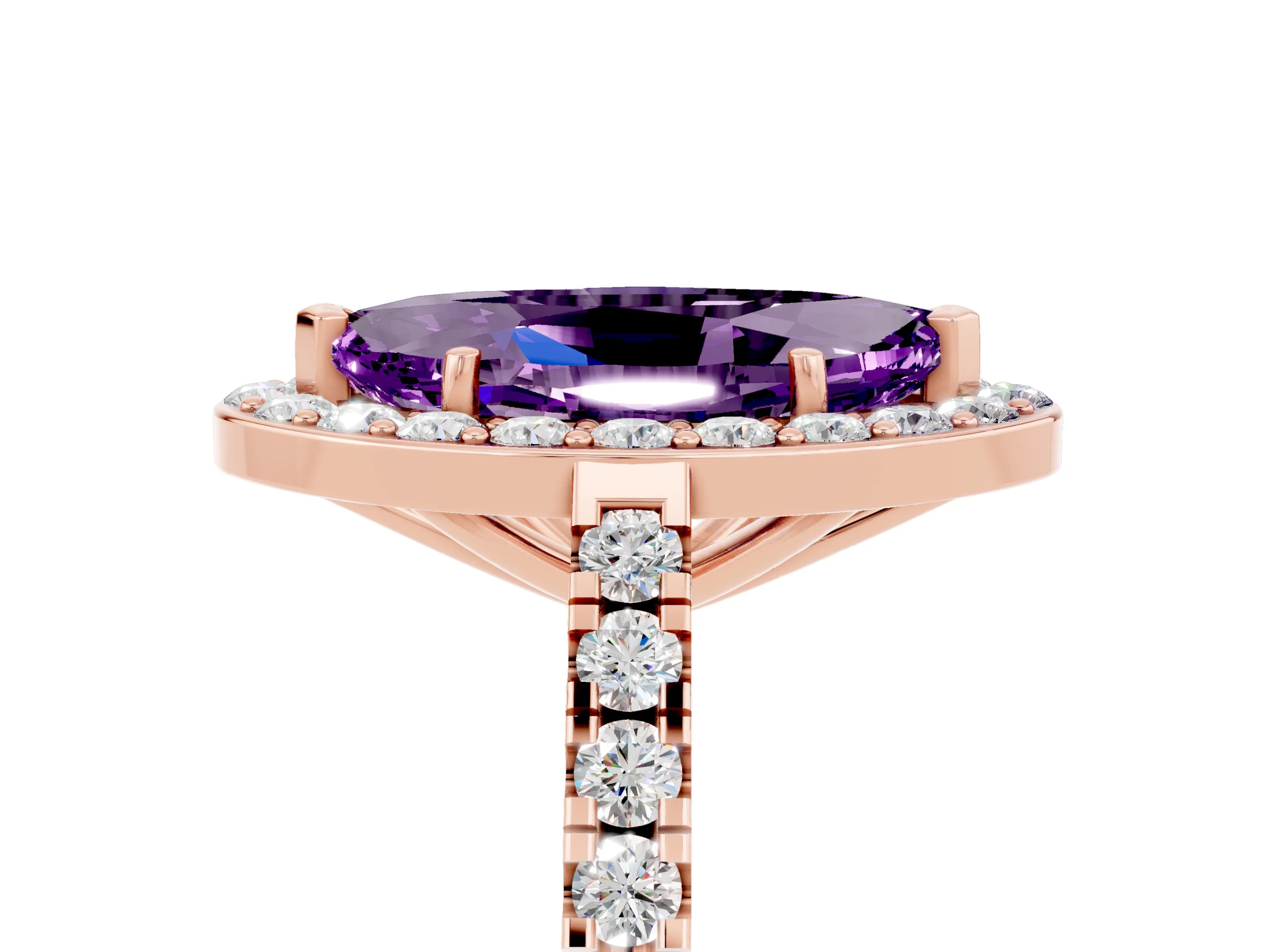 Rose gold Marquise Cut Halo Diamond Ring with Pavé Band and Three-Prong Setting_5