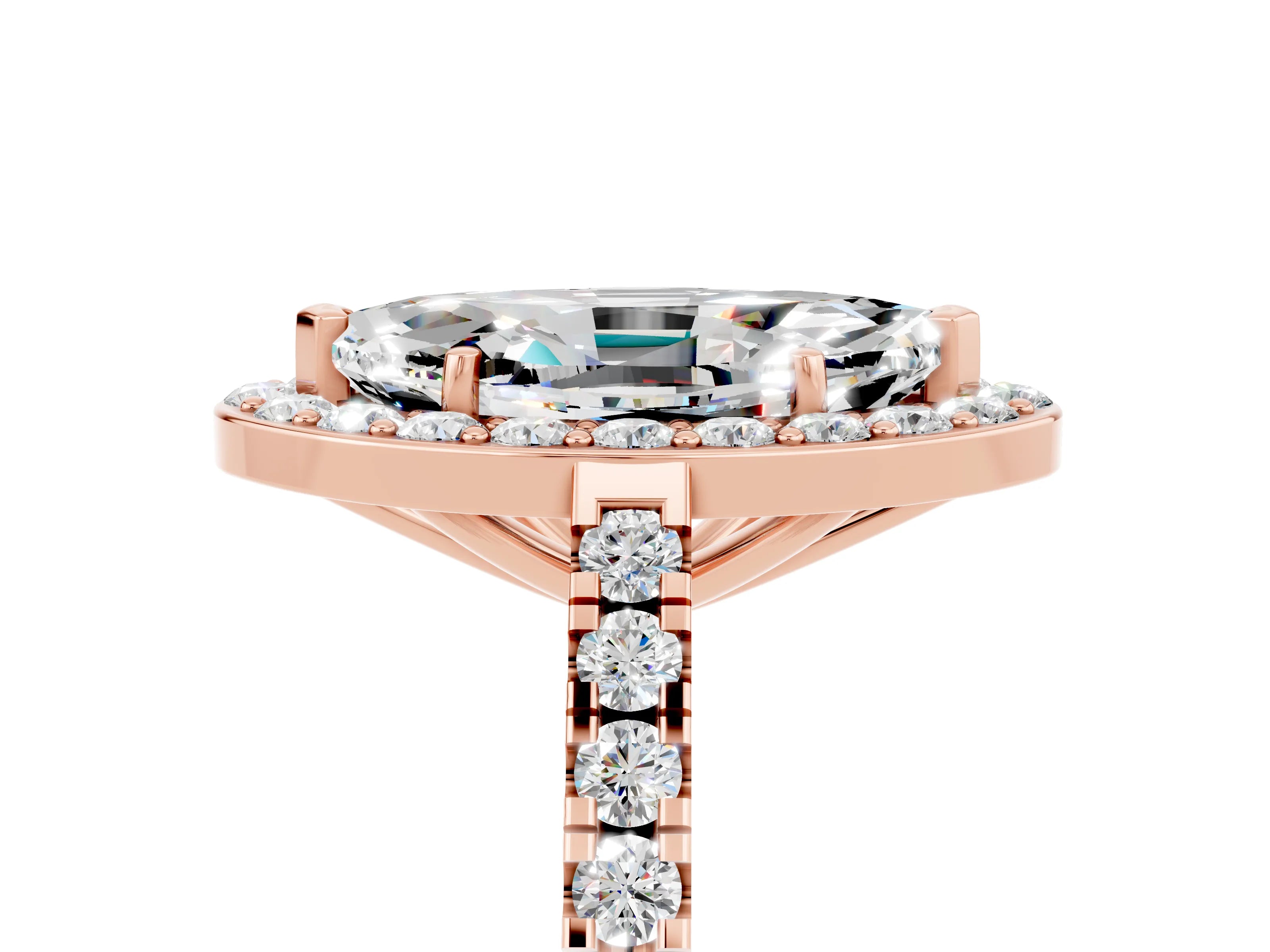 Rose gold Marquise Cut Halo Diamond Ring with Pavé Band and Three-Prong Setting_5