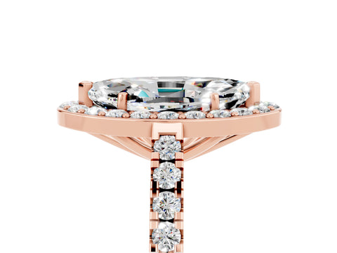 Rose gold Marquise Cut Halo Diamond Ring with Pavé Band and Three-Prong Setting_5
