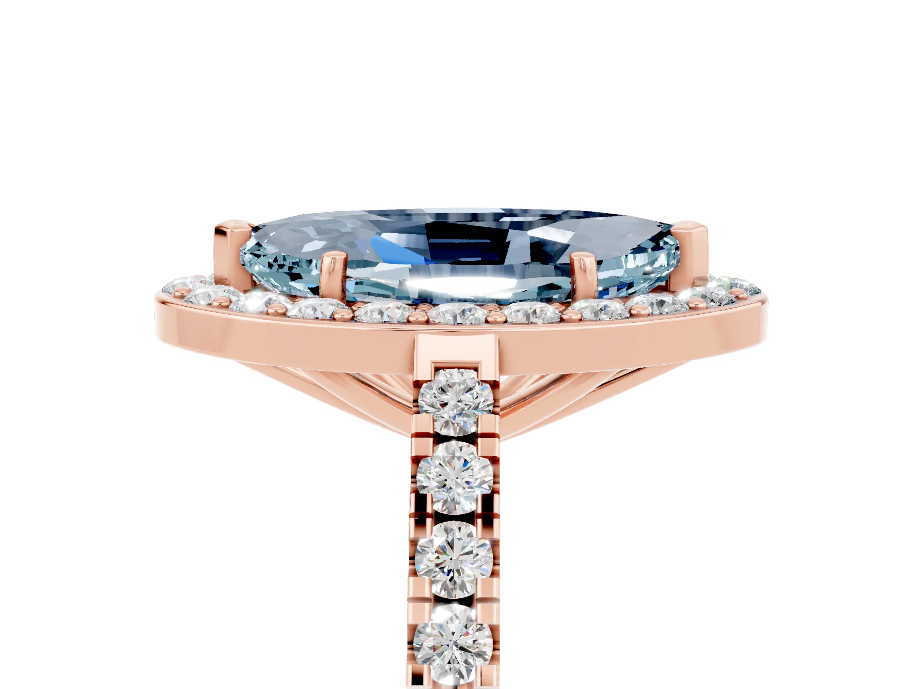 Rose gold Marquise Cut Halo Diamond Ring with Pavé Band and Three-Prong Setting_5