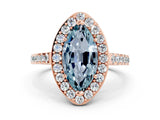 Rose gold Marquise Cut Halo Diamond Ring with Pavé Band and Three-Prong Setting