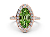 Rose gold Marquise Cut Halo Diamond Ring with Pavé Band and Three-Prong Setting