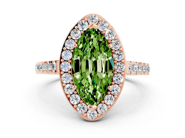 Rose gold Marquise Cut Halo Diamond Ring with Pavé Band and Three-Prong Setting