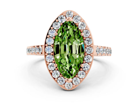 Rose gold Marquise Cut Halo Diamond Ring with Pavé Band and Three-Prong Setting