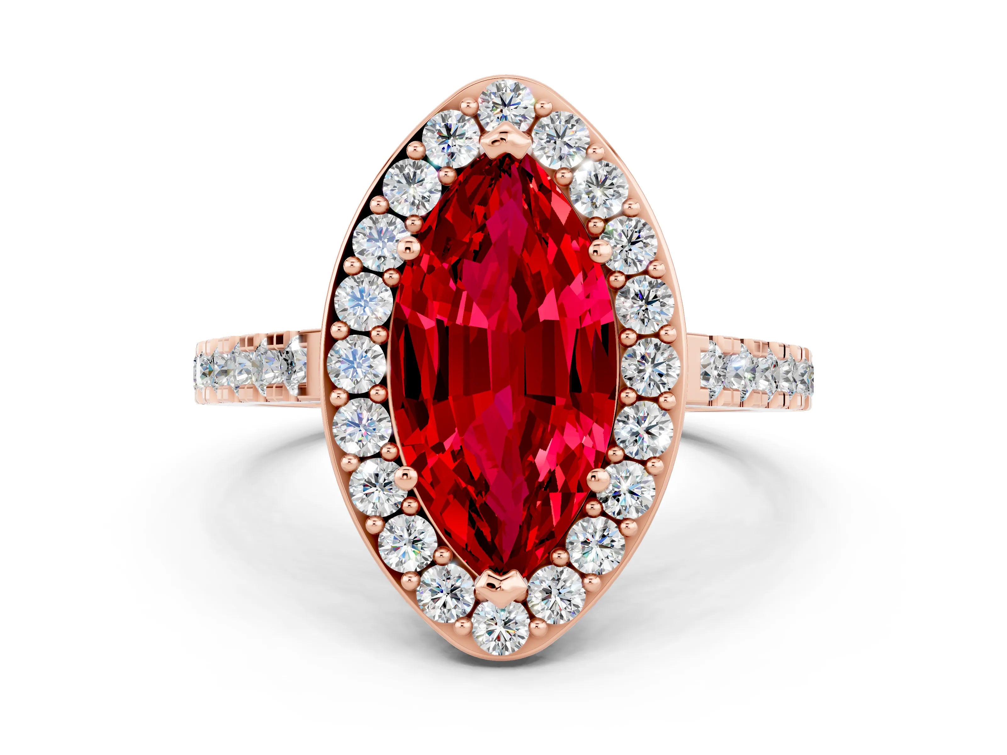 Rose gold Marquise Cut Halo Diamond Ring with Pavé Band and Three-Prong Setting