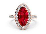 Rose gold Marquise Cut Halo Diamond Ring with Pavé Band and Three-Prong Setting