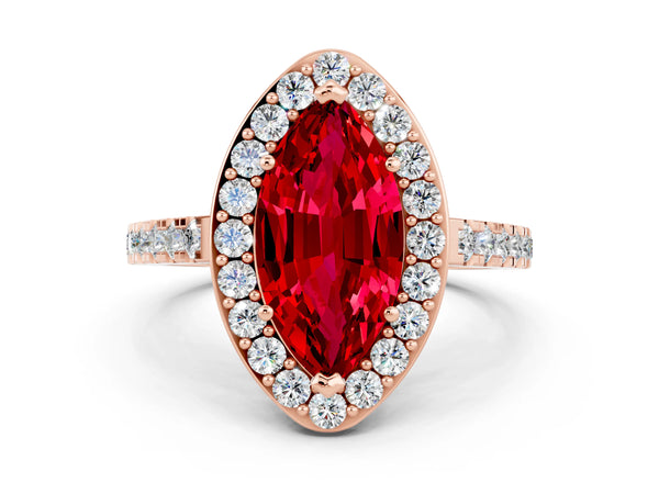 Rose gold Marquise Cut Ruby Halo Ring with Round Pavé Split Shank and Prong Setting
