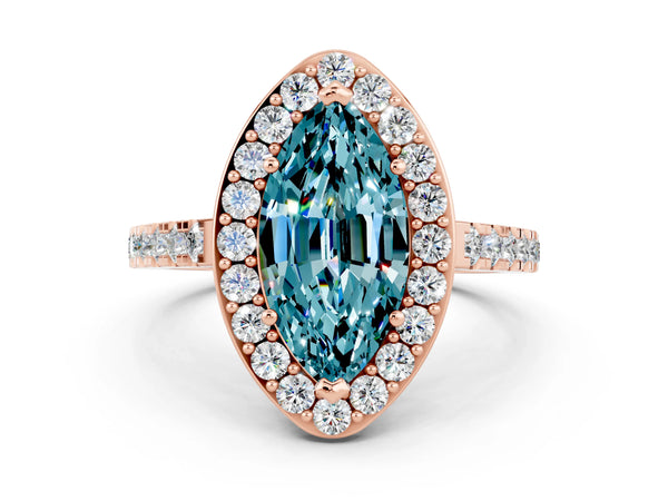 Rose gold Marquise Cut Halo Diamond Ring with Pavé Band and Three-Prong Setting