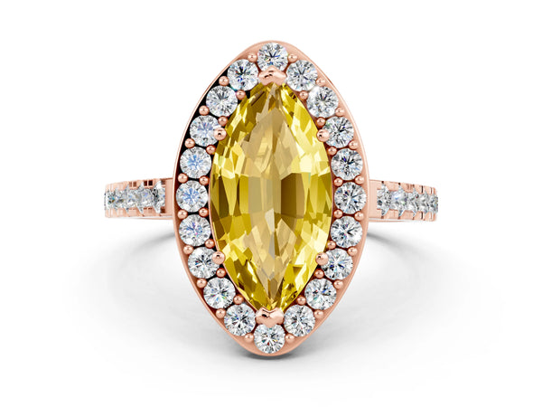 Rose gold Marquise Cut Yellow Sapphire Halo Ring with Round Pavé Split Shank and Prong Setting