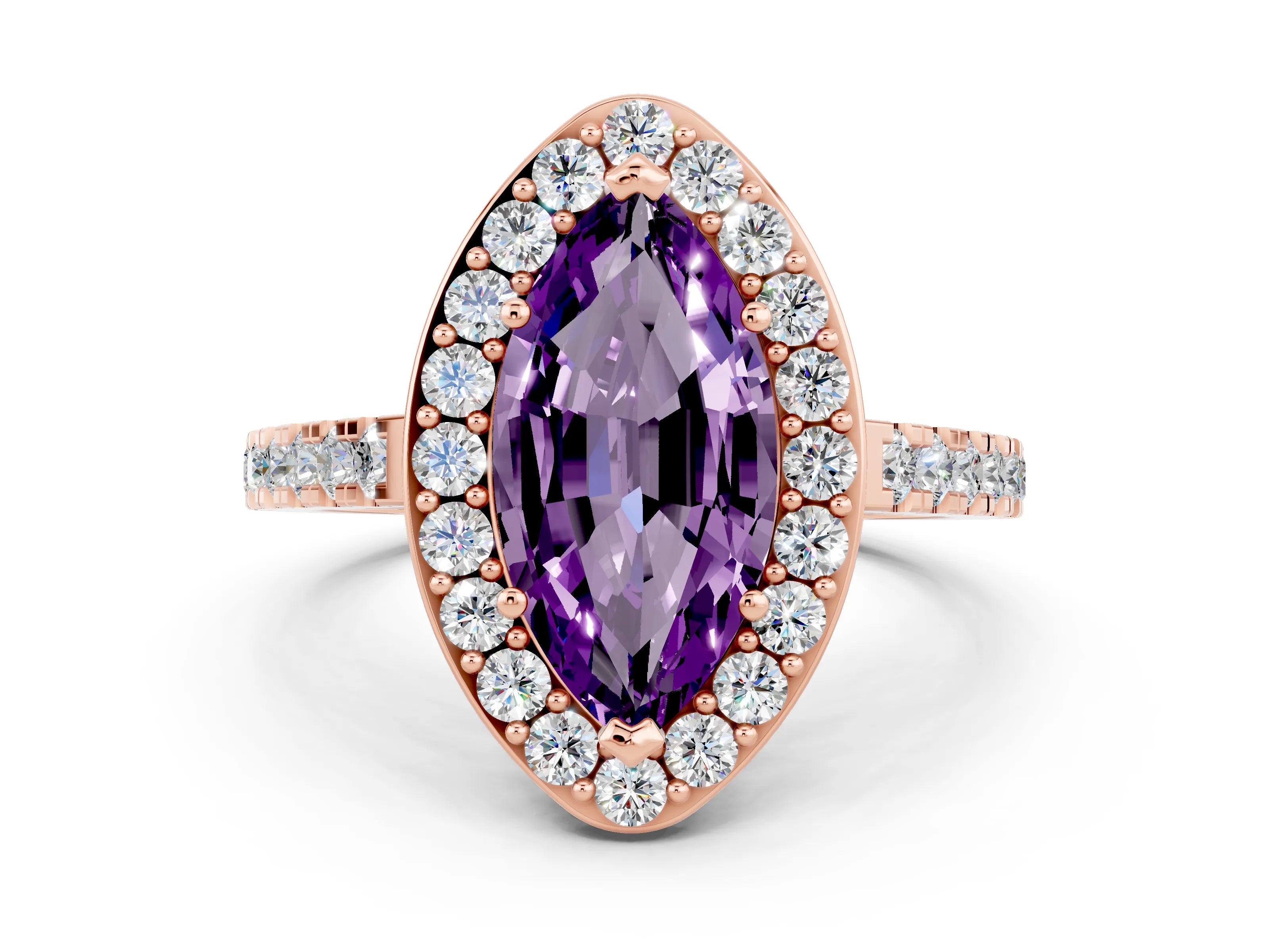 Rose gold Marquise Cut Halo Diamond Ring with Pavé Band and Three-Prong Setting