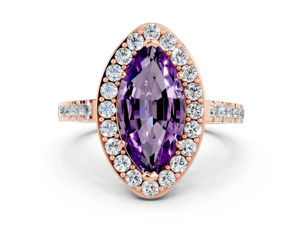 Rose gold Marquise Cut Amethyst Halo Ring with Round Pavé Split Shank and Prong Setting