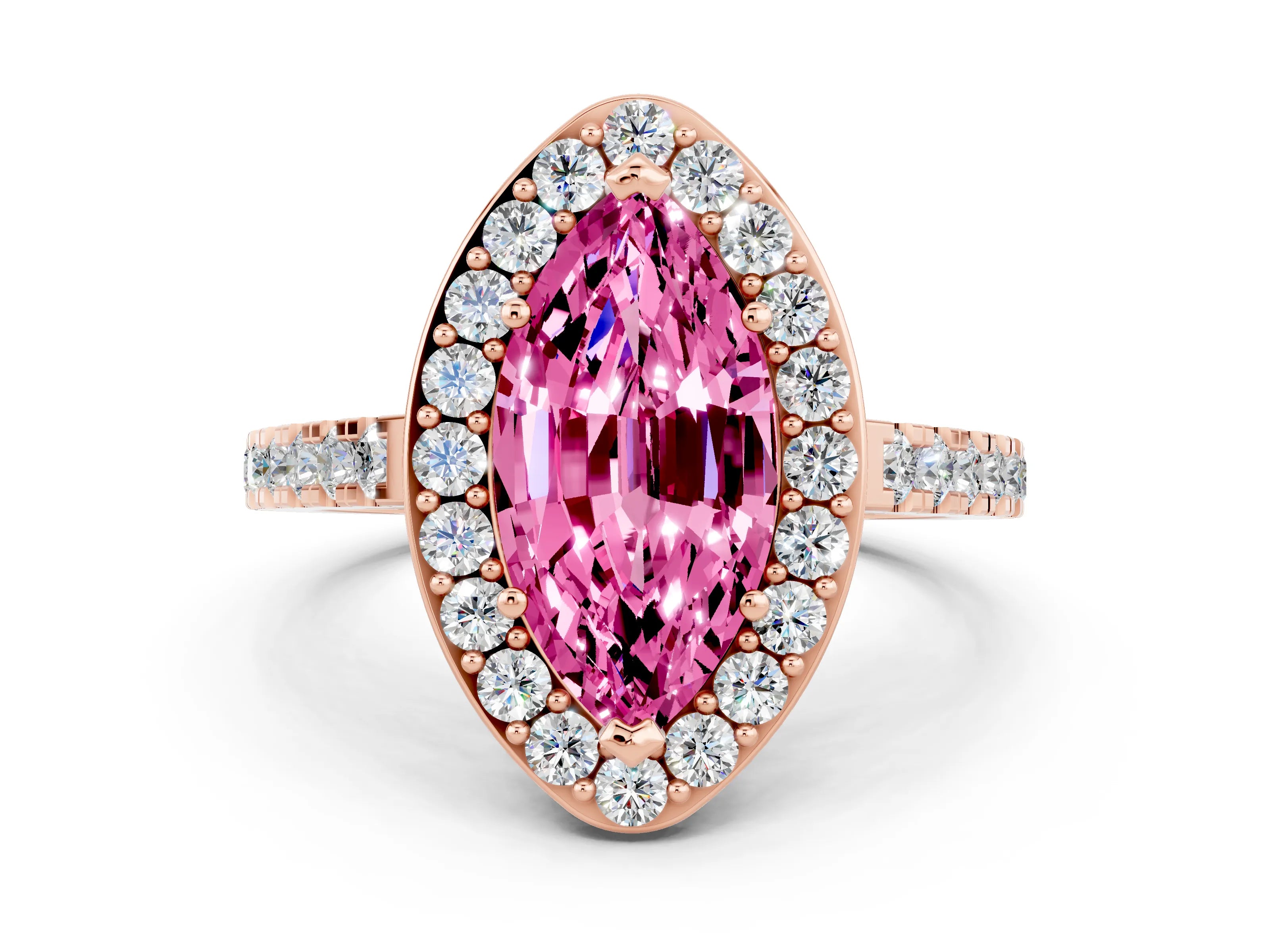 Rose gold Marquise Cut Halo Diamond Ring with Pavé Band and Three-Prong Setting