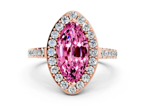Rose gold Marquise Cut Halo Diamond Ring with Pavé Band and Three-Prong Setting