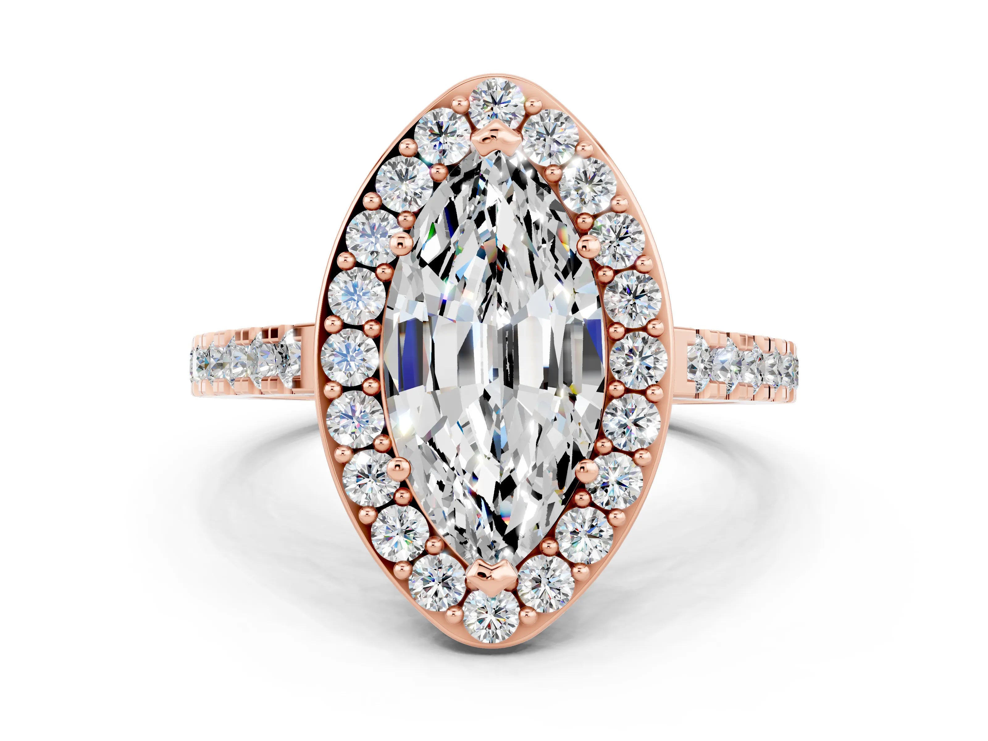 Rose gold Marquise Cut Halo Diamond Ring with Pavé Band and Three-Prong Setting