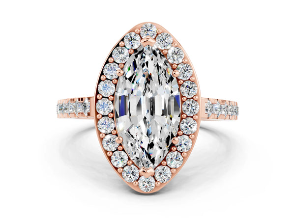 Rose gold Marquise Cut Moissanite Halo Ring with Round Pavé Split Shank and Prong Setting