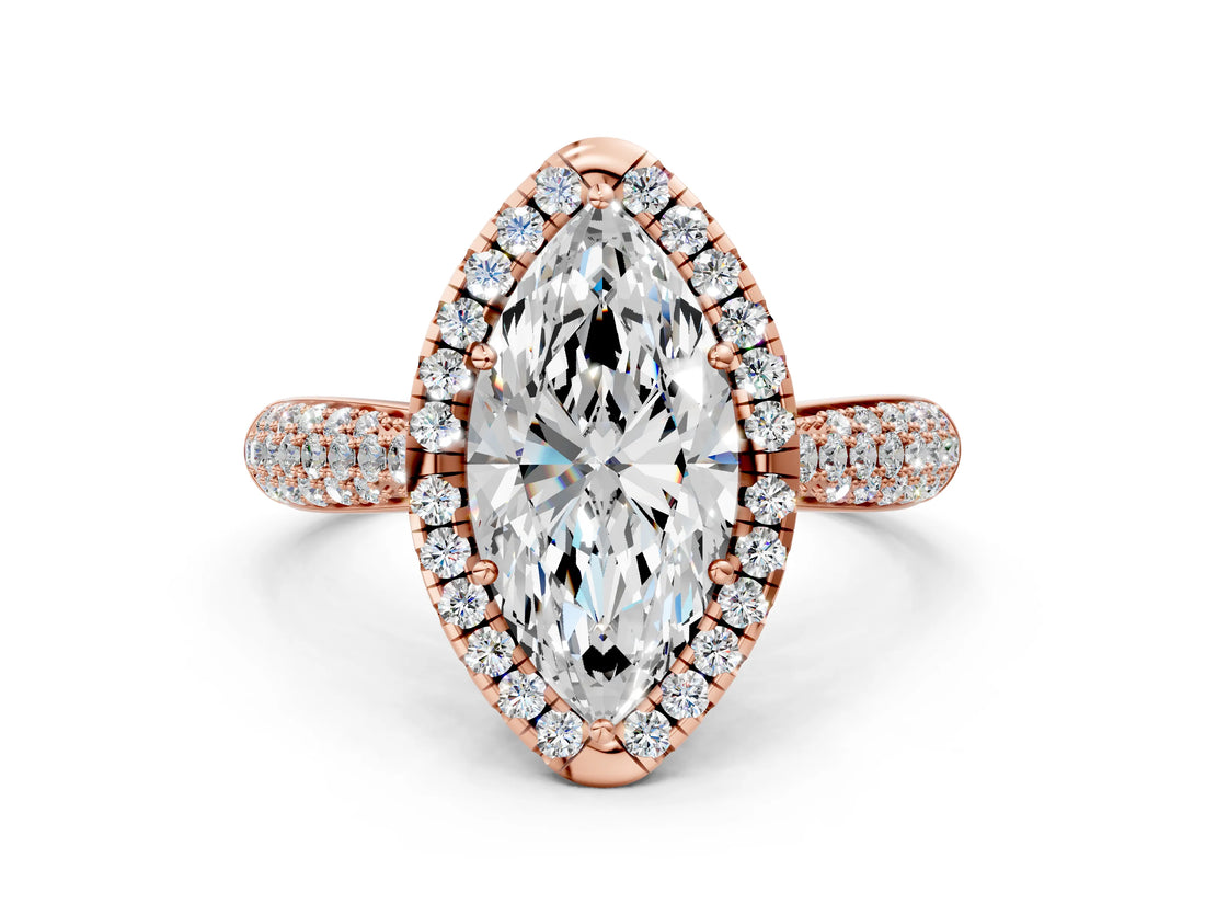Rose gold Marquise Cut Halo Diamond Ring with Pavé Band_15